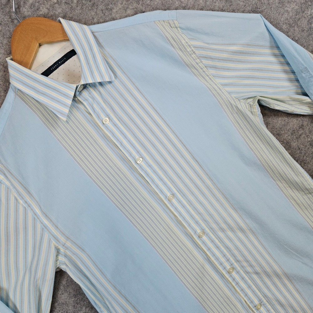 Perry Ellis Men's Blue & Yellow Striped Button Up Dress Shirt Size S‎ Cotton